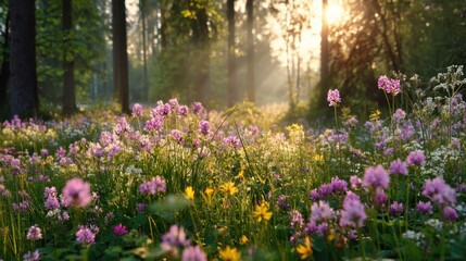 Fototapeta premium Tranquil Morning in a Vibrant Forest with Colorful Wildflowers and Soft Sunlight Filtering Through the Trees in a Serene Natural Landscape