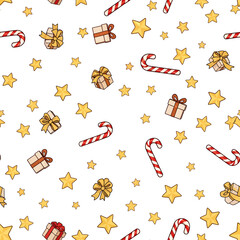Dynamically Scattered, Abstract, Festive, Seamless Pattern Featuring Golden Stars, Candy Canes, and Gifts.