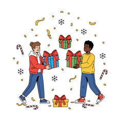 Diverse People Joyfully Unwrapping Bright Gift Boxes, Celebrating New Year.