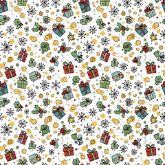 Dense Seamless Holiday Pattern Template with Doodle Presents, Snowflakes, and Holly.