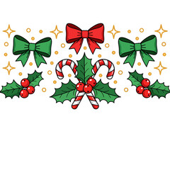 Decorative Header Design Element Featuring Stylized Christmas Bows, Intertwined Candy Canes, and Holly Leaves.