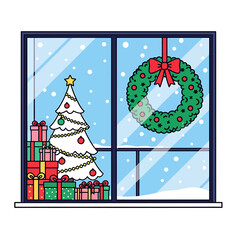 Cozy Modern Interior Scene With Gifts, Wreath, And Snowy Window View.