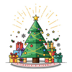 Contemporary geometric holiday tree illustration, ribbon presents, patterned rug, golden confetti.