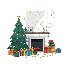 Cozy Modern Interior Corner Illustration Featuring A Glowing Christmas Tree And Gifts