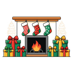 Cozy holiday fireplace hearth scene, decorated with stylized stockings and brightly colored wrapped presents.