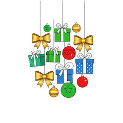 Composition of Floating Simplified Christmas Ornaments, Shiny Gold Bows, and Isolated Gift Boxes.