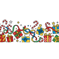 Clean outline horizontal festive border arrangement of scattered colorful candy canes, wrapped presents, and doodle stars.