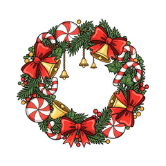 Beautiful Stylized Circular Christmas Wreath Greeting Card Template with Vibrant Modern Doodle Elements