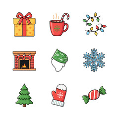A Neat Grid Arrangement of Flat Style Christmas and Winter Icons, Featuring Cocoa Mug, Gift Box, and Fireplace Mantle.