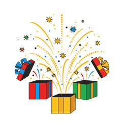 Abstract New Year Celebration Burst of Popping Gift Boxes and Golden Confetti.