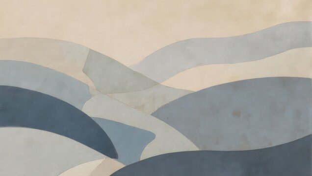 Abstract landscape with overlapping shapes in muted blue and beige tones.