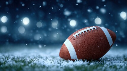 American football on snowy ground with falling snowflakes and beautiful bokeh background