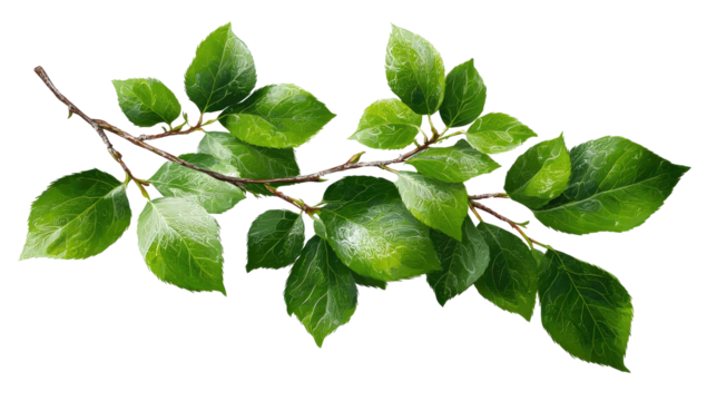 Glossy green leaves adorn a slender branch