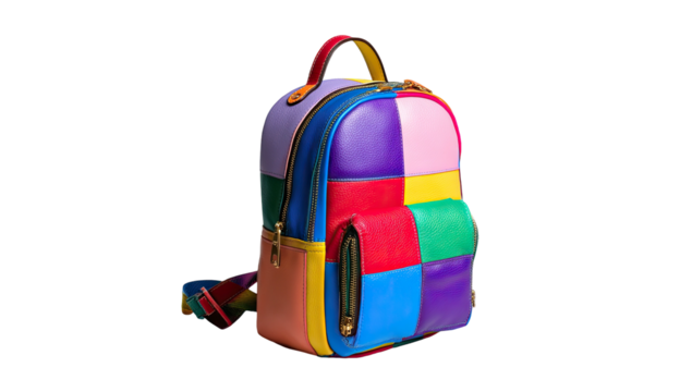 Colorful patchwork leather backpack, against a solid dark background
