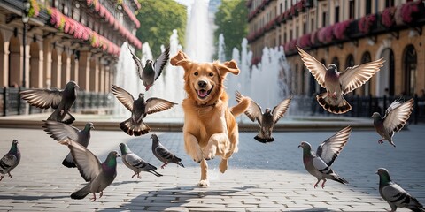 Joyful golden retriever running through city square with flying pigeons and fountain in vibrant urban morning sunlight