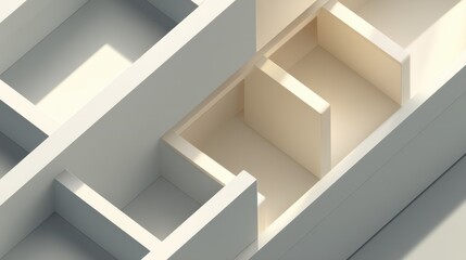 Minimalist architectural layout featuring abstract white structures and geometric forms with soft lighting for modern design concepts and interior inspiration