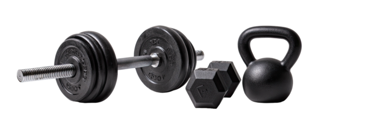 Weightlifting gear dumbbells, kettlebell on a dark background