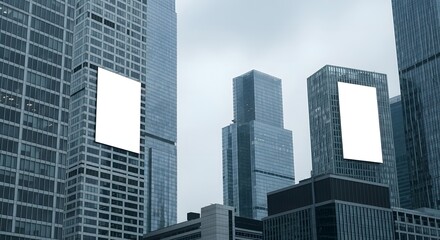 Obraz premium Modern skyscrapers with blank billboards, urban advertising space for outdoor promotions