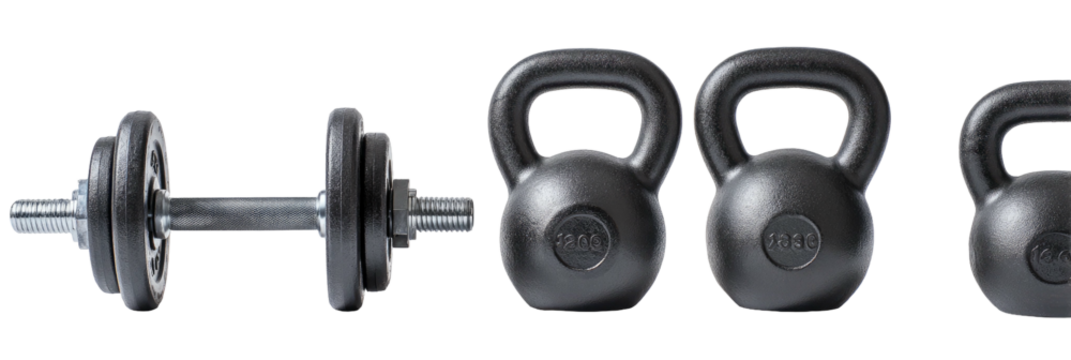 Kettlebells and dumbbell lined up on black background, gym equipment