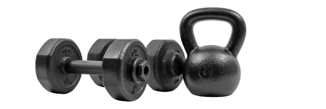 Dark dumbbells and kettlebell on a stark background