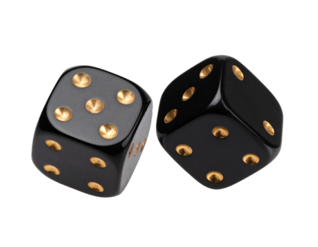 Two black dice with golden pips showing numbers for chance, luck, and gambling games