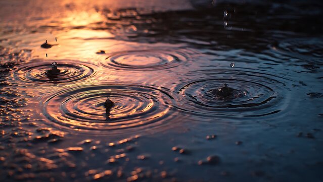 A captivating close-up photograph of raindrops falling into a puddle, creating intricate concentric ripples that catch the warm, golden glow of a sunset - Powered by Adobe