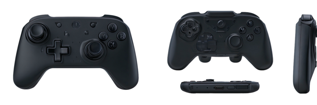 Multiple views of a dark grey gamepad on a black background
