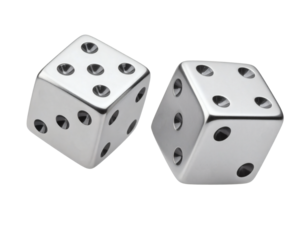 Two gleaming silver dice with visible pips suggesting chance, luck, and game-playing possibilities