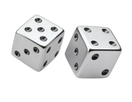 Two gleaming silver dice with visible pips suggesting chance, luck, and game-playing possibilities