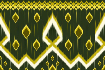 Tribal Ikat Vector Seamless Pattern, Abstract Geometric Zigzag Print, Modern Ethnic Textile with Olive and Lime Green on Dark Background.