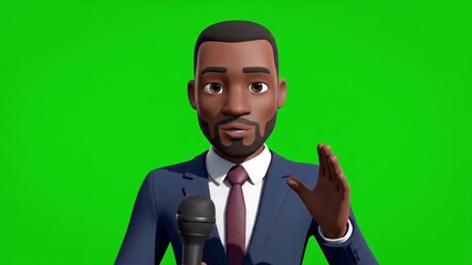 A 3D animated Black man in a suit speaking into a microphone on a green screen background. - Powered by Adobe