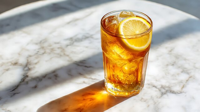 A glowing glass of freshly brewed iced tea with a bright lemon slice and ice cubes, casting a radiant amber shadow on a sleek marble tabletop under the summer sun