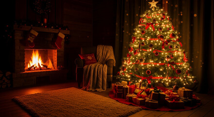 Cozy Christmas Tree by Warm Fireplace Evening.