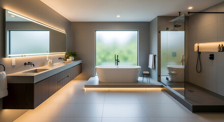Contemporary Luxury Bathroom with Freestanding Tub and Glass Shower.
