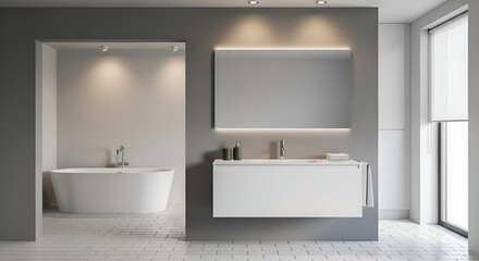 Modern Minimalist Bathroom Interior with Freestanding Tub and Vanity.