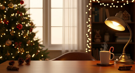 Cozy Christmas Desk Scene with Tree Lights and Warm Glow.