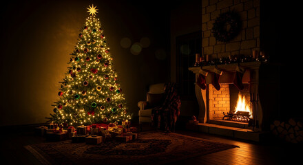 Cozy Indoor Christmas Tree Glowing Beside a Lit Fireplace.