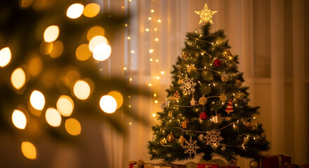 Cozy Christmas Tree with Warm Lights and Bokeh Effect.