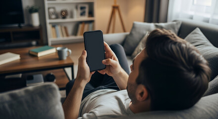 Cozy Living Room Scene with Person Using Smartphone.