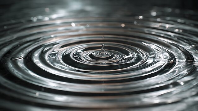 Monochromatic macro shot of a water droplet creating sculptural concentric ripples on a dark, textured liquid surface with a metallic sheen