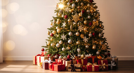 Cozy Christmas Tree Surrounded by Presents in Warm Room.