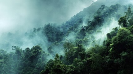 Misty Mountain Landscape with Lush Green Forest and Ethereal Fog Creating a Serene and Tranquil Atmosphere in the Heart of Nature