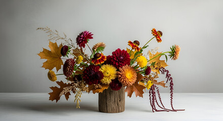 Rustic Autumn Flower Arrangement in Wooden Vase with Dried Leaves.