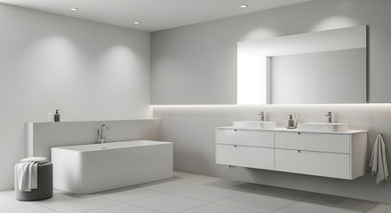Monochrome Minimalist Bathroom with Double Vanities and Soaking Tub.