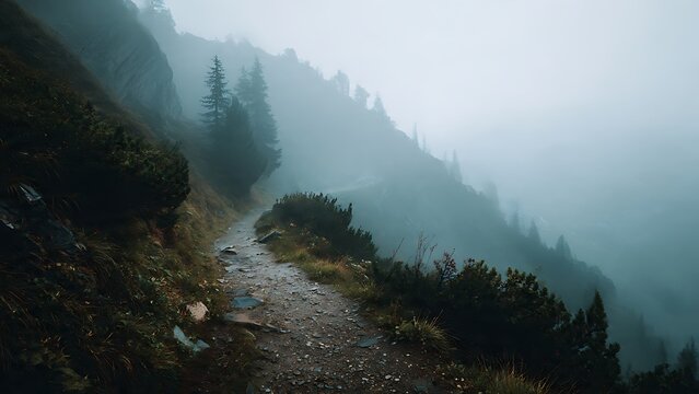 A narrow hiking trail winds along a steep mountain slope, disappearing into the thick, moody fog of an atmospheric and mysterious wilderness