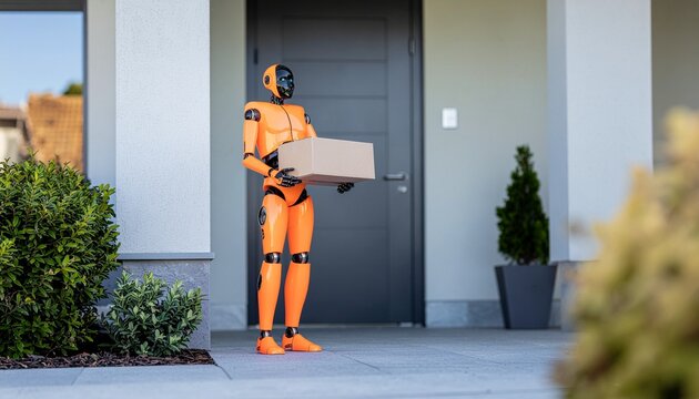 Delivery Robot at Doorstep: A futuristic scene showcasing an advanced delivery robot at a residential doorstep, holding a package, symbolizing automation and convenience.