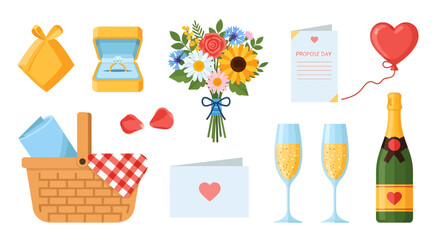 Collection of romantic proposal and celebration items including engagement ring, flowers, champagne, and picnic basket.