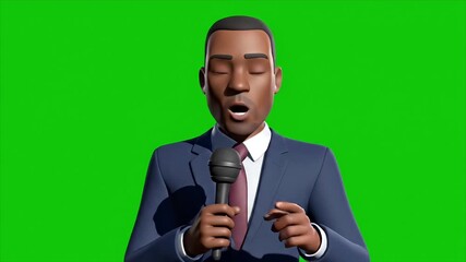 3D animated Black male news reporter speaking into a microphone against a green screen for chroma keying. - Powered by Adobe