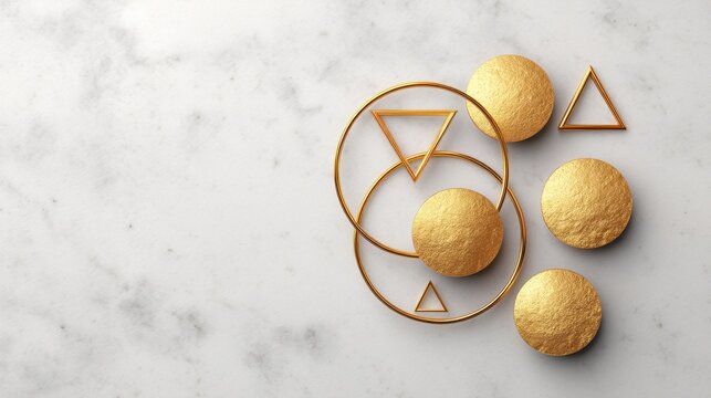 Elegant golden shapes and circles on a luxurious marble surface, perfect for artistic and modern design backgrounds and abstract concepts in digital art - Powered by Adobe
