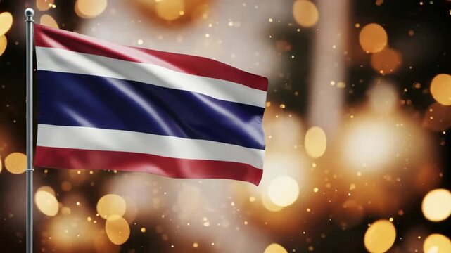Thailand nation flag waving with glittering bokeh effect. National holiday banner backdrop for patriotic celebration.